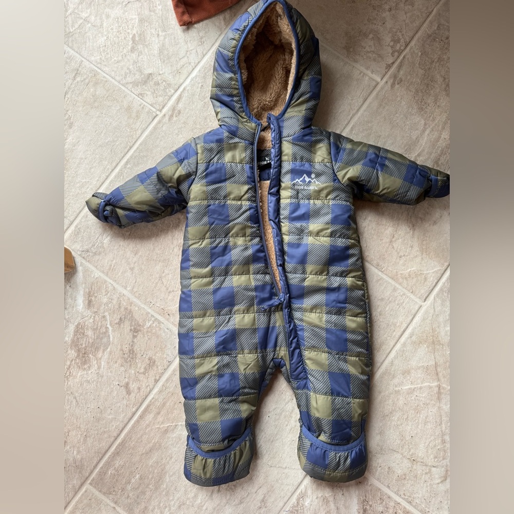 Eddie Bauer Blue and Olive Plaid Quilted Infant One-Piece Footie